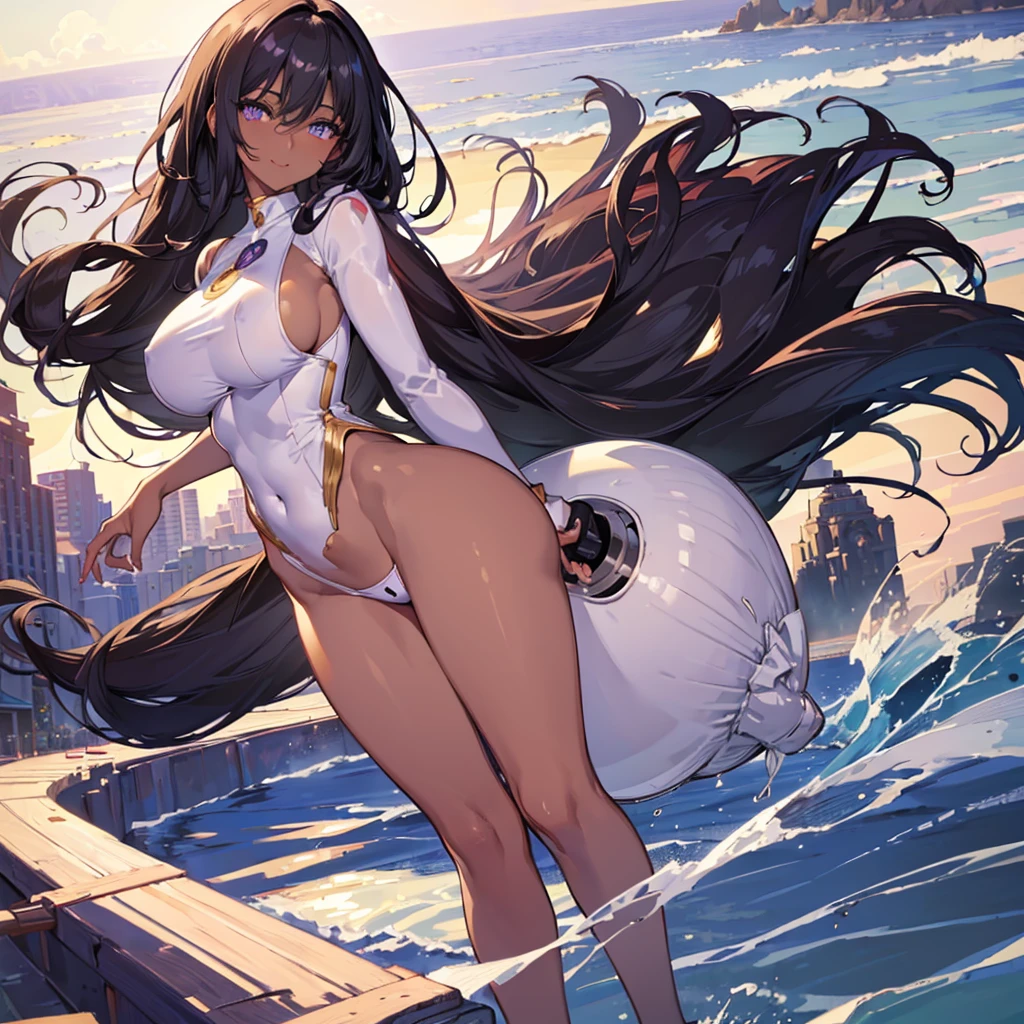 ((masterpiece)), ((best quality)), (ultra-detailed), (floating hair), (shiny:1.2), illustration, a pretty woman, solo, brake, beautiful black hair, brake, beautiful Purple eyes, ((beautiful eyes)), brake, smile, brake, (dark skin:1.2), (huge bleasts:1.6), (large hip:1.6), brake, swim wear, at Beach,