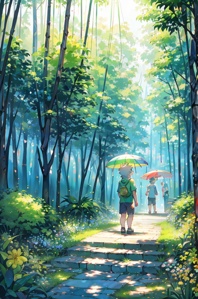 White Wolf男孩,youth,shorts,Short sleeve,sandals,nearl,Waiting,Red bus stop sign,Stone steps,Grass,spring,Lush green jungle,In the shade,Umbrella,rain,Flowers,Grass,Banana tree,mist,Soft Light,early morning,White Wolf,离得nearl,full-body shot