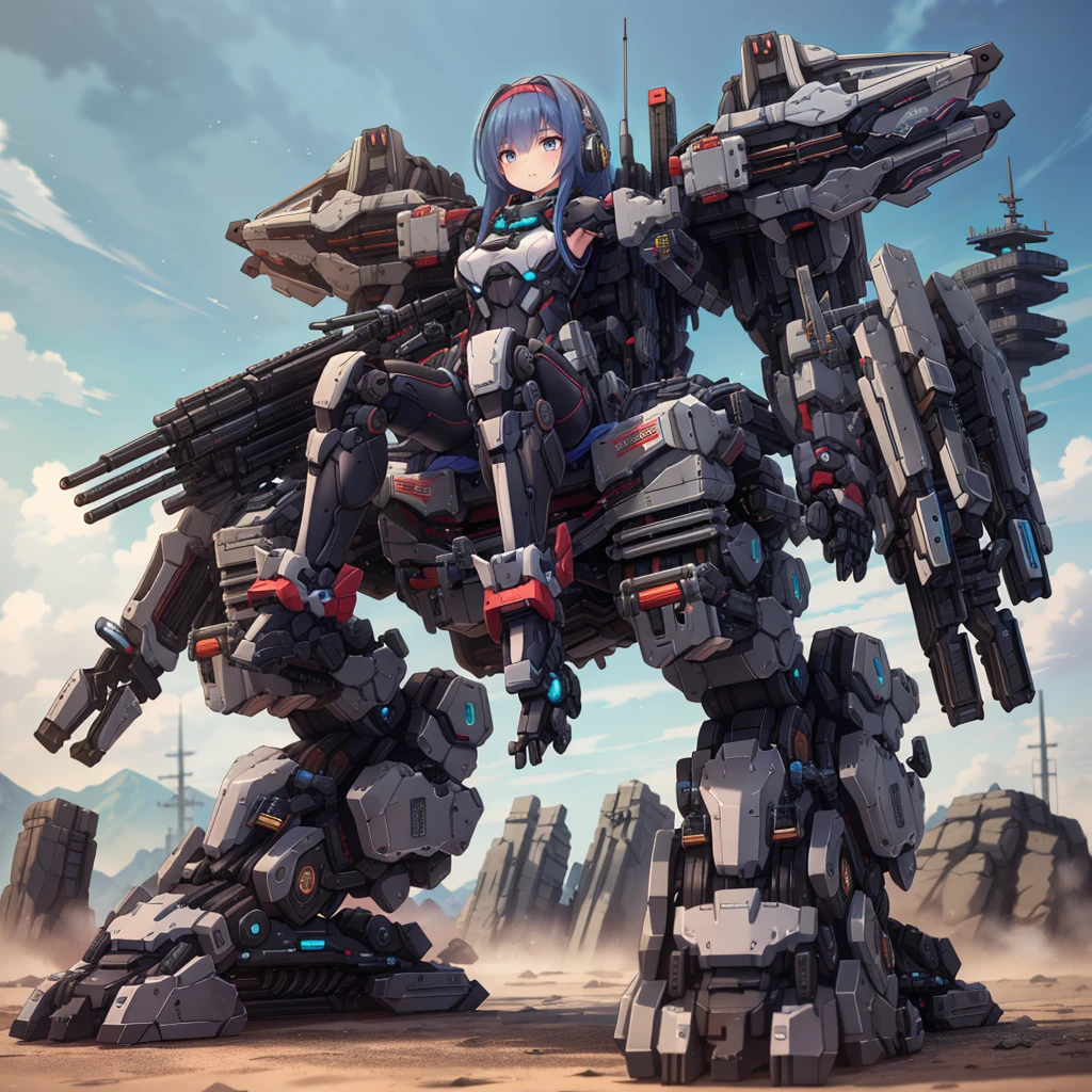 (masterpiece:1.2), best quality, high resolution, extremely detailed CG, absurdres, highres, Sci-fi world, a girl in bodysuit sits inside a machine with giant robot arms and legs on a battlefield, and the girl holds the lever of the machine,Colorful portraits