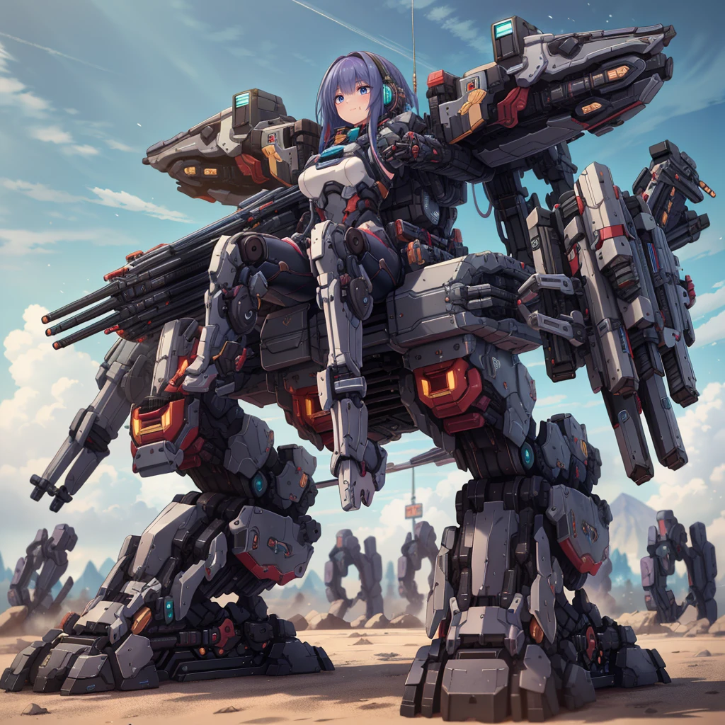 (masterpiece:1.2), best quality, high resolution, extremely detailed CG, absurdres, highres, Sci-fi world, a girl in bodysuit sits inside a machine with giant robot arms and legs on a battlefield, and the girl holds the lever of the machine,Colorful portraits