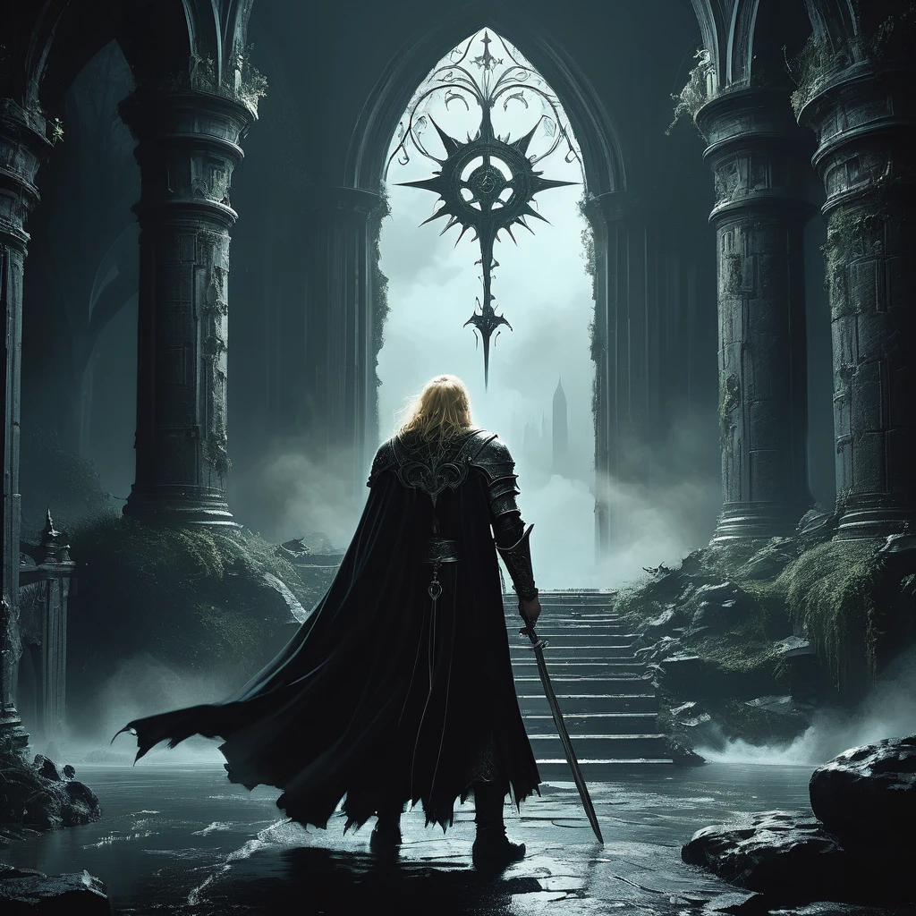 "In the heart of the grim, foreboding castle of Blackstone Keep, where shadows dance upon cold stone walls and the air is thick with the scent of ancient curses, stands a lone figure—King Aldric, ruler of the beleaguered realm of Ebonvale. His long, blonde hair, once a symbol of hope and prosperity, now falls in disheveled waves down his broad back, a stark contrast to the dark, brooding atmosphere of his fortress.

Clad in a tarnished crown and a cloak of black velvet trimmed with silver, Aldric stands at the edge of a grand balcony that overlooks his kingdom. The morning mist clings to the battlements like ghostly fingers, and the distant tolling of a bell signals the approach of a day shrouded in uncertainty and dread.

Below, the kingdom sprawls in a grim tableau of desolation and defiance. Villages lie in ruin, fields are scorched by relentless war, and the River Eldwyn, once a lifeline of the realm, flows dark and sluggish under a perpetually clouded sky. From his vantage point, Aldric surveys the desolate landscape, his thoughts a maelstrom of despair and determination.

Rumors of a malevolent force gathering in the shadowy forests to the north, led by a dark sorceress bent on conquest and chaos, have reached the ears of the king. Haunted by visions of a crumbling throne and a kingdom lost to darkness, Aldric grapples with the weight of his lineage and the burden of his crown.

As the first rays of a weak sun struggle to penetrate the gloom, Aldric turns his gaze inward, contemplating the ancient prophecies inscribed in the sacred tomes of his ancestors and the cryptic warnings of the court seer. He knows that his next steps will determine the fate of Ebonvale and either herald a new dawn or plunge the realm into eternal night.

In this tale of medieval dark fantasy where courage and despair walk hand in hand, the back view of the blonde-haired king in Blackstone Keep becomes a symbol of resilience, sacrifice, and the unyielding struggle against the encroachi