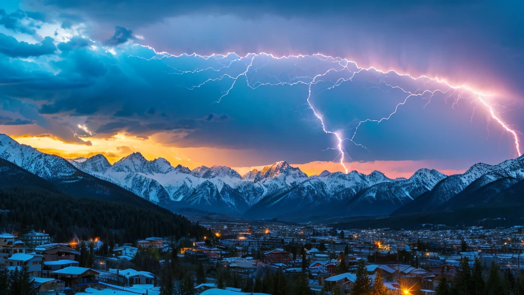 A lightning feather falling down with a backdrop of mountains with snowy mountain peaks and a sunset, the sun is very big , the lightning bolt is blue, the stem of the feather is short--v 6.0