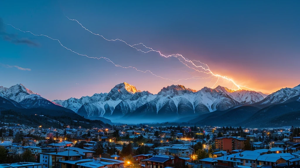 A lightning feather falling down with a backdrop of mountains with snowy mountain peaks and a sunset, the sun is very big , the lightning bolt is blue, the stem of the feather is short--v 6.0