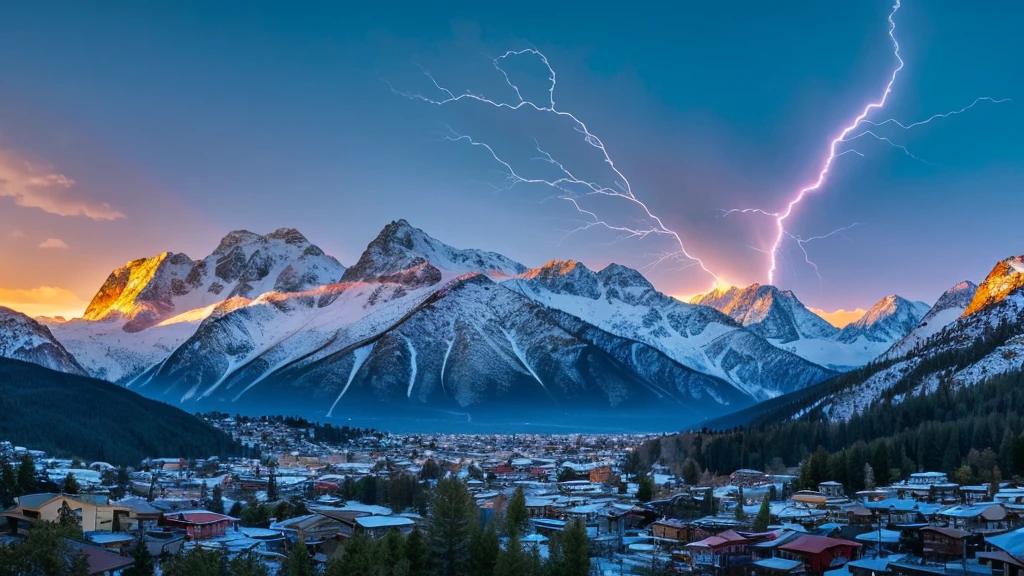 A lightning feather falling down with a backdrop of mountains with snowy mountain peaks and a sunset, the sun is very big , the lightning bolt is blue, the stem of the feather is short--v 6.0