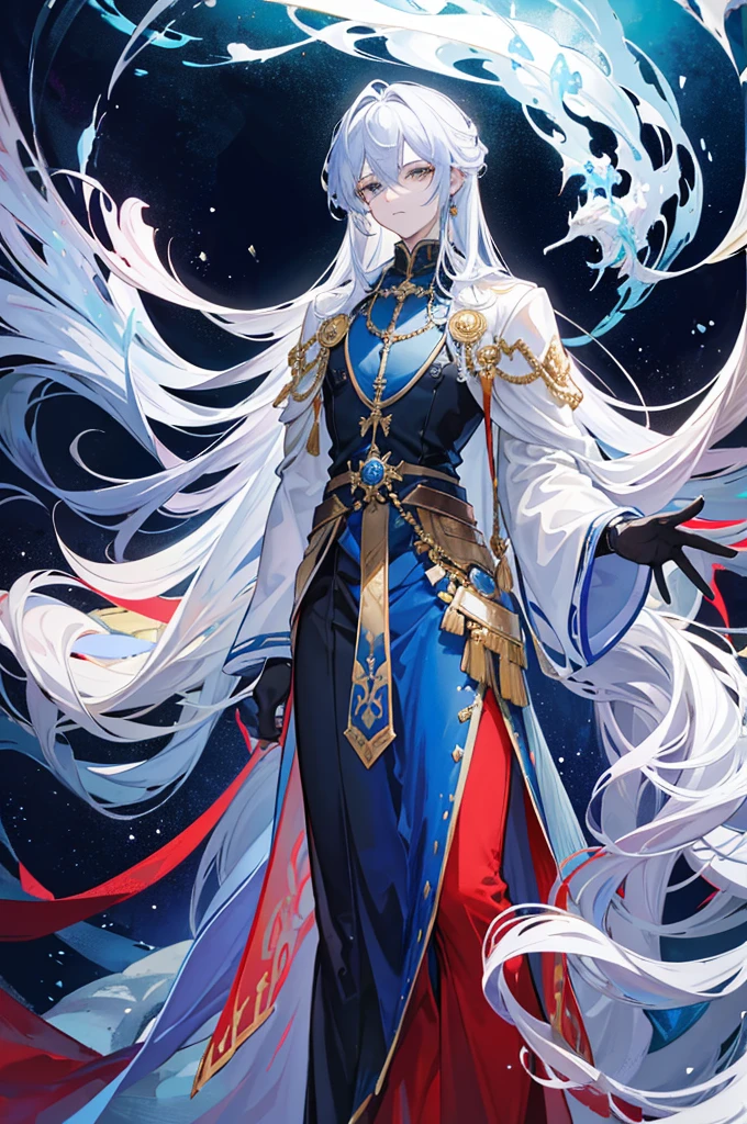 The emergence of an anime boy is a sight that captivates the senses. As he materializes, his ethereal form takes shape, revealing a figure of delicate beauty. His slender physique, so graceful and refined, seems to radiate an otherworldly presence. It is as if he exists in a realm beyond our own, a realm where elegance and enchantment intertwine. Flowing down to his waist, his long hair cascades like a waterfall of moonlight, shimmering in a pristine shade of white. Each strand seems to possess a life of its own, dancing and swaying with ethereal grace. Standing tall, he surpasses the height of an ordinary human by threefold, effortlessly towering over even the mightiest of Giants. His stature commands attention, drawing all eyes towards him. What truly sets him apart are his six arms, a testament to his extraordinary nature. Each limb is an extension of his being, granting him a sense of power and versatility that is unmatched. His additional pair of eyes, glistening with an otherworldly glow, bestows upon him a perception of the world that is beyond comprehension. With this heightened awareness, he sees the intricacies and beauty that elude ordinary mortals. Adorned in a resplendent golden robe, he exudes an aura of regality. The fabric drapes elegantly around his form, its sleeves intricately sewn with a mesmerizing blue hue. The combination of gold and blue creates a visual symphony, a harmonious blend of colors that captivates the eye. One set of his arms is adorned with elegant gloves, adding a touch of sophistication to his ensemble. Every detail of his attire is carefully chosen, perfectly complementing his enigmatic appearance. Completing his ensemble, he wears a striking combination of red and black pants. The contrasting colors create a sense of intrigue, mirroring the enigma that surrounds him. And as he strides forward, his feet are adorned with snow boots that boast a captivating blend of black, yellow, and blue.