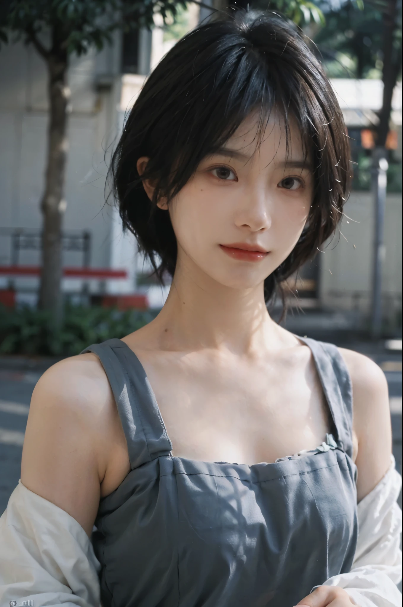 (Skin details:1.4), (smooth skin textures:1.3), Lipstick, background, earrings, serene, calm, (Realistic and detailed eyes:1.2), Natural skin texture, Realistic facial details, Soft dramatic lighting, Vivid details, 35 mm film, outdoor, (Photo Practical:1.4), (hyper Practical:1.4), (Practical:1.3), (Smoother lighting:1.05), (Improve lighting quality:0.9), (Highest quality real skin textures:1.4), Exquisite eyes, Delicate face, Close-up of face, (Enhance the beauty of skin texture:1.1), Hair details,(Large Breasts:1.3)normal body ratio, short hair, Moles under the eyes, A faint smile,Portrait Photography, Depth of Field, Bokeh, Surrealism, Ray Tracing, (Portrait Photography:1.1), Surrealism, High Detail, Chiaroscuro, Ray Tracing, reflected light, Ultra HD, Ultra HD, masterpiece, Textured Skin, Super Detail, High Detail, high quality, best quality