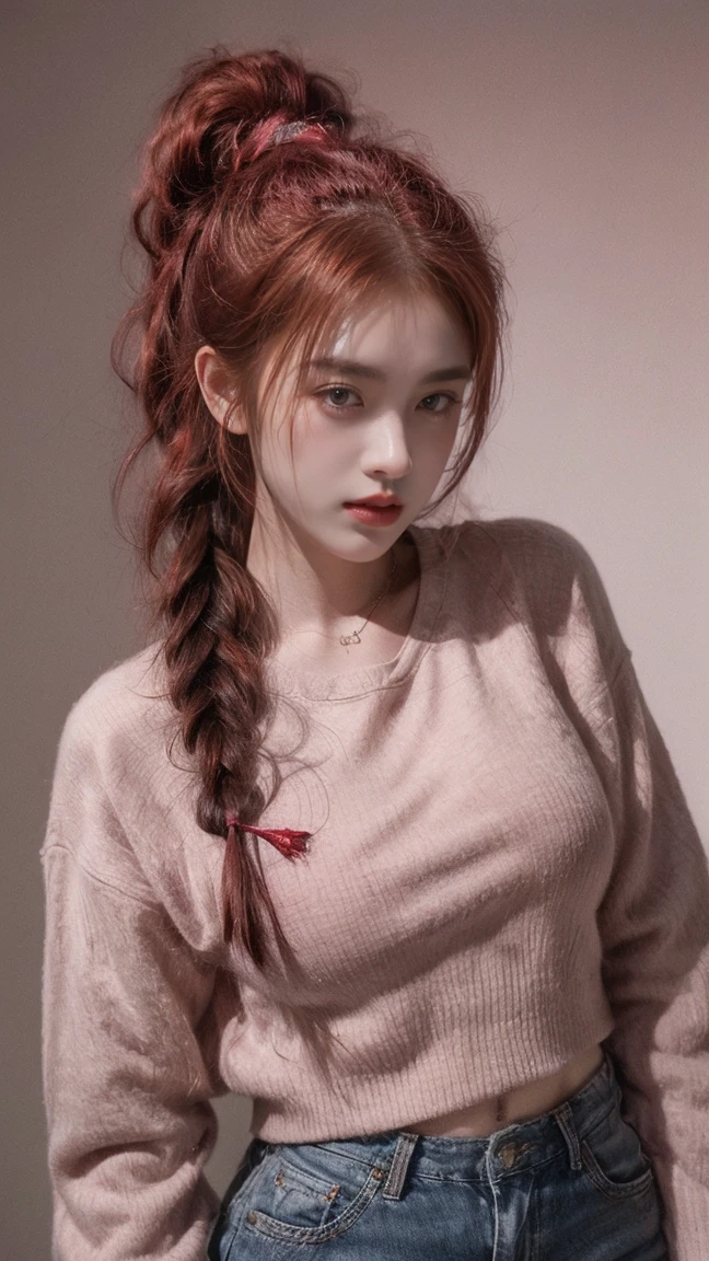 21yo girl,red hair,ponytail hair,(wearing pink Gryffindor Crewneck),(Crewneck),(Gryffindor),(harry potter), jeans, natural medium breast, plump body,single sidelock hairpin blush modern cinematic lighting,ray tracing,drop shadow wide shot UHD,textured skin,high details,best quality 4K