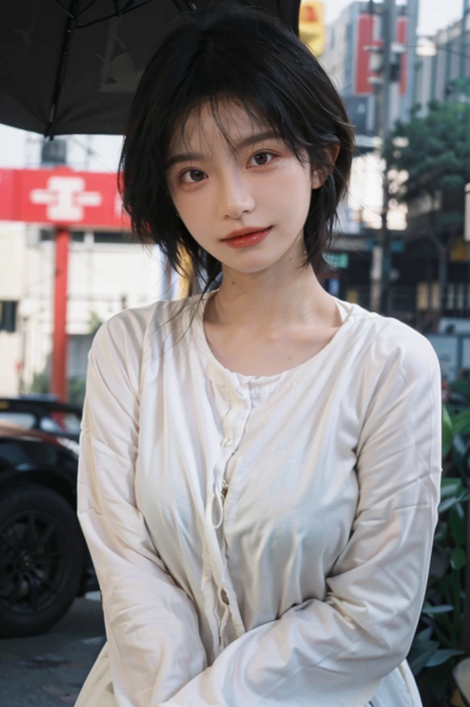 (Skin details:1.4), (smooth skin textures:1.3), Lipstick, background, earrings, serene, calm, (Realistic and detailed eyes:1.2), Natural skin texture, Realistic facial details, Soft dramatic lighting, Vivid details, 35 mm film, outdoor, (Photo Practical:1.4), (hyper Practical:1.4), (Practical:1.3), (Smoother lighting:1.05), (Improve lighting quality:0.9), (Highest quality real skin textures:1.4), Exquisite eyes, Delicate face, Close-up of face, (Enhance the beauty of skin texture:1.1), Hair details,(Large Breasts:1.3)normal body ratio, short hair, Moles under the eyes, A faint smile,Portrait Photography, Depth of Field, Bokeh, Surrealism, Ray Tracing, (Portrait Photography:1.1), Surrealism, High Detail, Chiaroscuro, Ray Tracing, reflected light, Ultra HD, Ultra HD, masterpiece, Textured Skin, Super Detail, High Detail, high quality, best quality