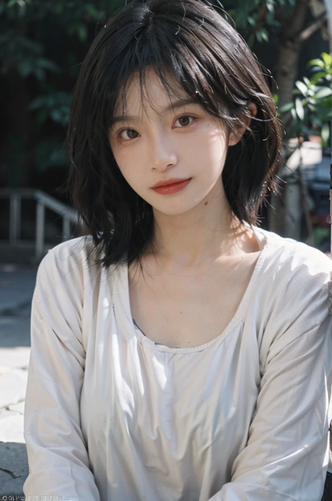 (Skin details:1.4), (smooth skin textures:1.3), Lipstick, background, earrings, serene, calm, (Realistic and detailed eyes:1.2), Natural skin texture, Realistic details, Soft dramatic lighting, Vivid details, 35 mm film, outdoor, (Photo Practical:1.4), (hyper Practical:1.4), (Practical:1.3), (Smoother lighting:1.05), (Improve lighting quality:0.9), (Highest quality real skin textures:1.4), Exquisite eyes, Delicate face, Close-up of face, (Enhance the beauty of skin texture:1.1), Hair details,(Large Breastormal body ratio, short hair, Moles under the eyes, A faint smile,Portrait Photography, Depth of Field, Bokeh, Surrealism, Ray Tracing, (Portrait Photography:1.1), Surrealism, High Detail, Chiaroscuro, Ray Tracing, reflected light, Ultra HD, Ultra HD, masterpiece, Textured Skin, Super Detail, High Detail, high quality, best quality