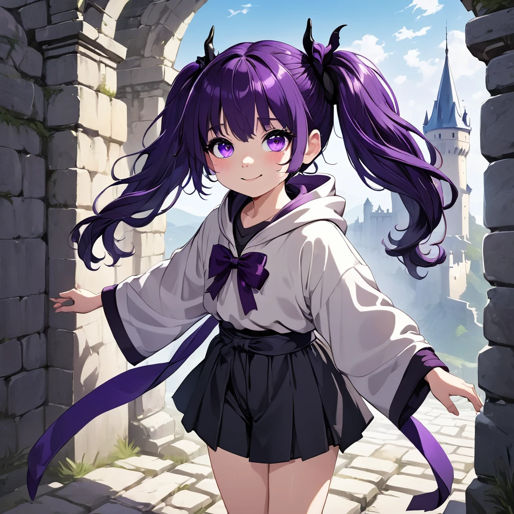 cheerful boy aristocrat open forehead. dark purple hair braided in a ponytail on the left side to one side. sinuous black horns wrapped in dark purple ribbon. pale violet eyes. in short dark purple shorts. long white T-shirt. dark purple knee-high socks. a white long robe with a hood flutters in the wind. black ancient stone walls of the castle purple light from lamps with gold ornaments, heterochromia, long curly hair, pale skin, I look at the viewer, closed mouth, bright smile, Beautiful, extremely detailed eye, Absolutely amazing art, extremely detailed, Digital art of the highest quality, full length, old piano, ancient walls of a stone castle