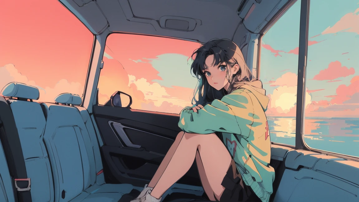 anime girl sitting on floor looking out window at city, anime aesthetic, anime vibes, Lofi Artstyle, Lo-fi portrait by the window, Sunsetを眺める. anime, Lofty Girl, anime art wallpaper 4 k, anime art wallpaper 4k, anime art wallpaper 8 k, anime background art, Lofi Color, Lofi Art, anime asthetic,masterpiece, Highest quality, Rainbow Style, anime, Beautiful Asian Girl, Sitting in a car, Along the Hawaiian Coast, Cute and dreamy,anime,Illustrator,LOFI Girl, Blues,landscape,Sunset