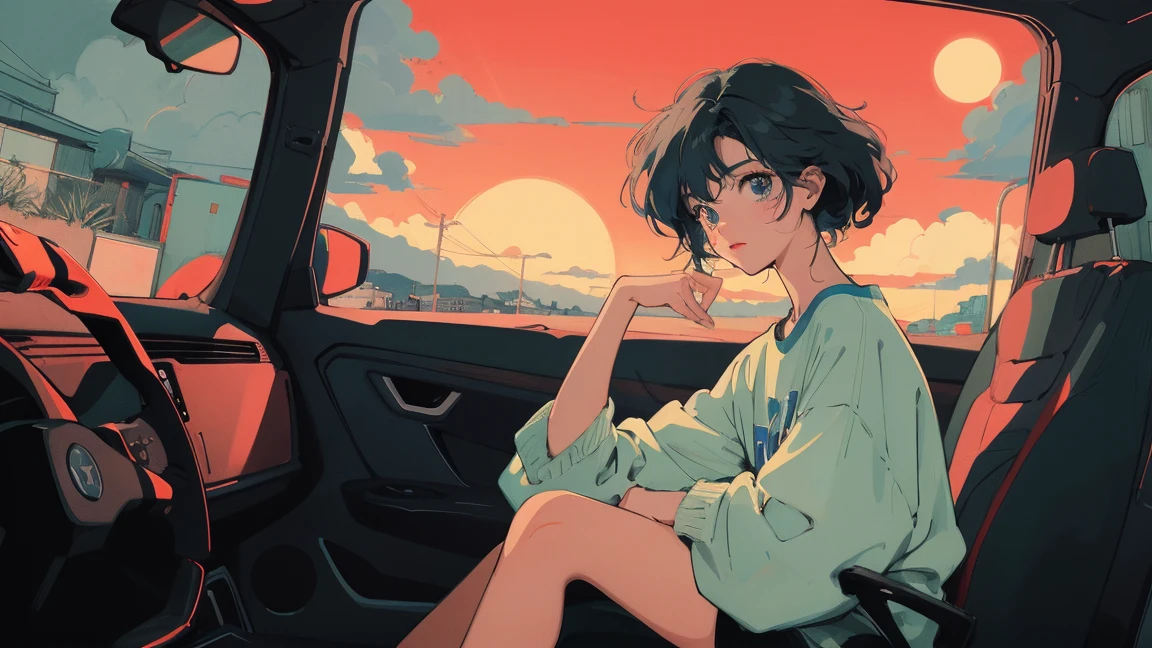 anime girl sitting on floor looking out window at city, anime aesthetic, anime vibes, Lofi Artstyle, Lo-fi portrait by the window, Sunsetを眺める. anime, Lofty Girl, anime art wallpaper 4 k, anime art wallpaper 4k, anime art wallpaper 8 k, anime background art, Lofi Color, Lofi Art, anime asthetic,masterpiece, Highest quality, Rainbow Style, anime, Beautiful Asian Girl, Sitting in a car, Along the Hawaiian Coast, Cute and dreamy,anime,Illustrator,LOFI Girl, Blues,landscape,Sunset
