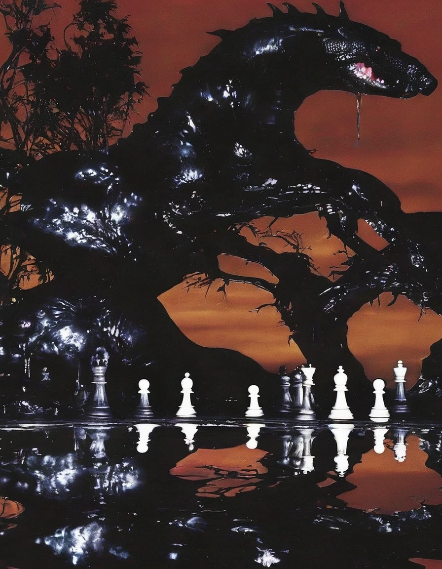 chess in black water, sunset background