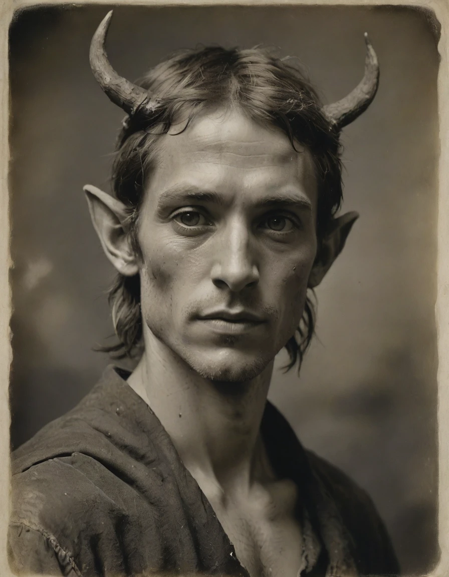 by Moebius, by Théodore Géricault, ((((monochrome, daguerreotype on old paper)))), the composition is: (((half body portrait of a cute male wood elf, very young, very brown, lean, posing, ((he has antlers)), elf ears, extremely tan, black eyes, blonde hair, dirty, disheveled, sweaty, sultry, savage, extremely sensual. Shirtless, wearing rags))).