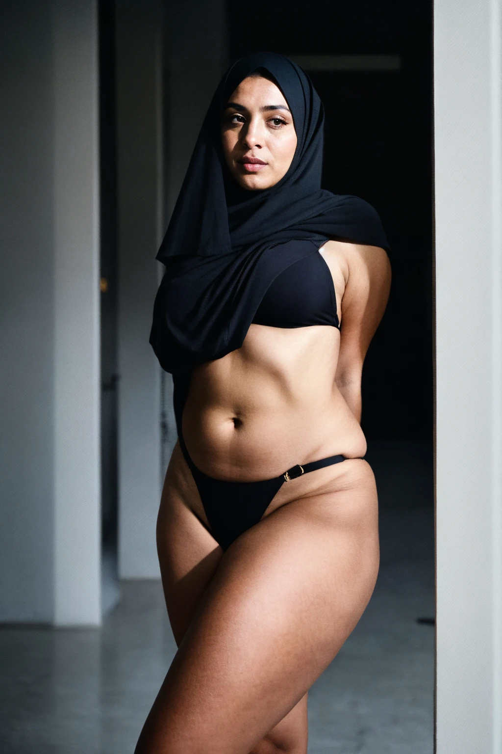 RAW photo,dark,moody,35mm focal lenght,underexposed,cold,candid photograph,artistic,full body,photo of a beautiful,influencer,30yo Kurdish woman,black hijab,detailed skin,naked, looking at viewer, thick body structure,grey background,no background, candid pose,dim room,blue light, film grain, kodak color, instagram LUT