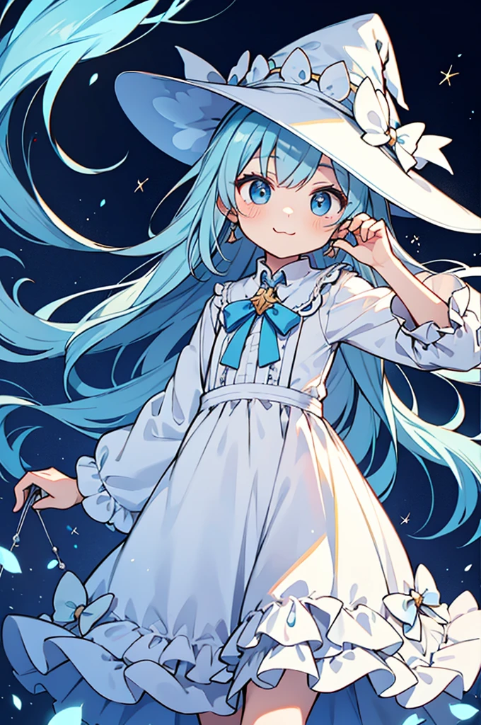kawaii style,hyper cute shota wearing light blue witch dress,light blue loose long hair,frilly boy,