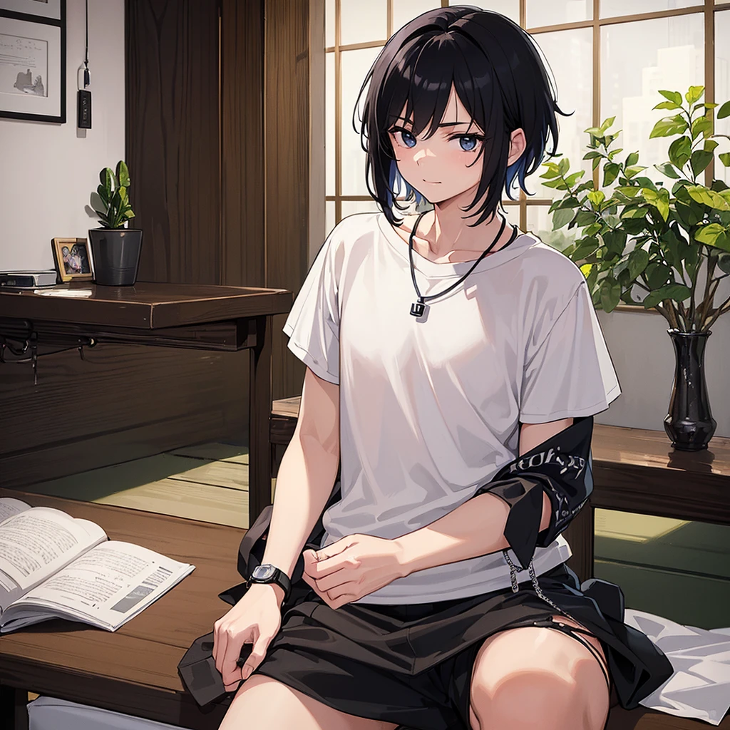 (((best quality))),(((ultra detailed))), ((masterpiece)), (((vivid))), anime, 1 boy, 18 years old appearance, short hair, detailed hair, black hair, messy hair, black eyes, detailed eyes, black t-shirt, silver pendant around the neck, on the left arm a digital watch, ((during the day)), without smiling, calm face, in a Japanese room.