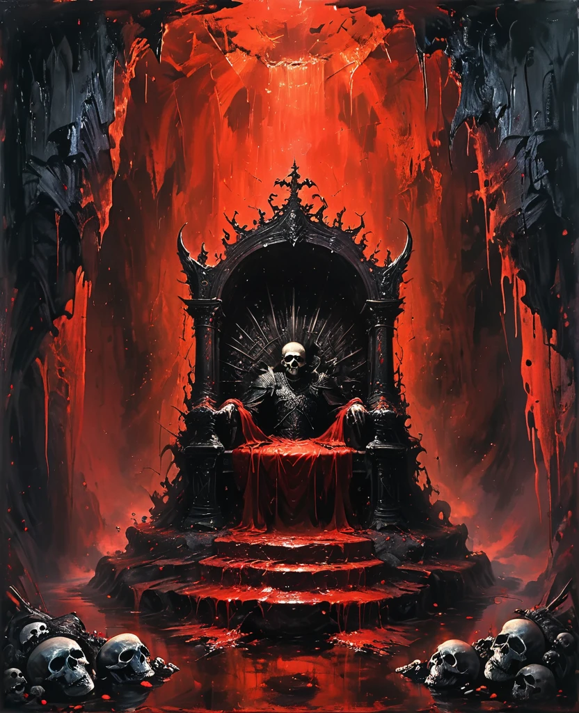 Cave，Underground Kingdom，Gothic style，A painting，(((The throne on the platform，sharp，)))On a pile of skulls, Disturbing, crawl, gloomy, rotten, Blood rushes like a river，