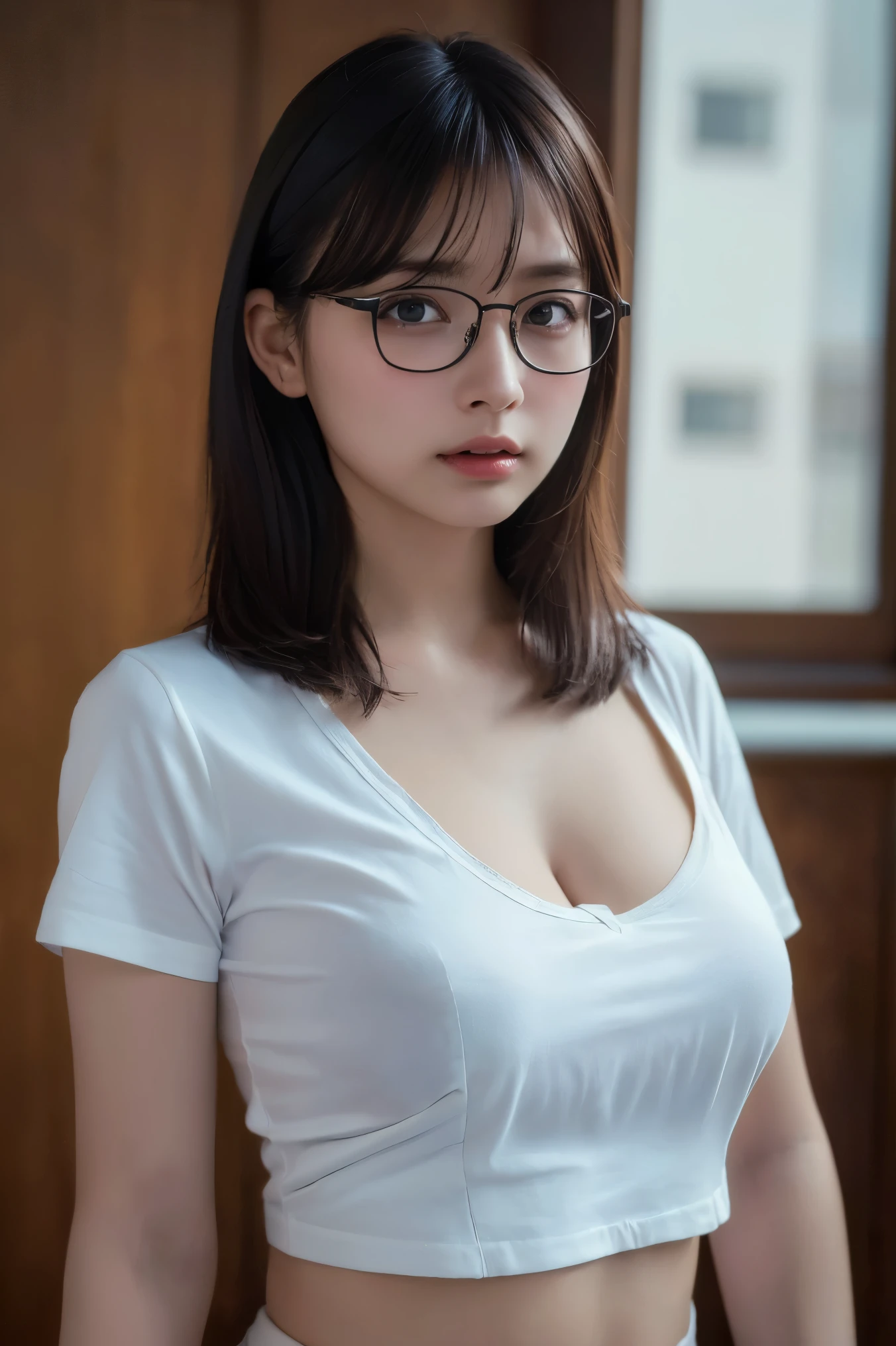 (Highest quality:1.4),(masterpiece:1.4),(Realistic:1.4),(Realistic:1.2),(超High resolution, RAW Photos:1.4),(High resolution, Super detailed:1.2),(8K:1.2),Cinematography,Brown Hair,long、One Girl,alone,(White shirt),Big Breasts,((Upper Body:1.3))、Protruding nipples, with glasses