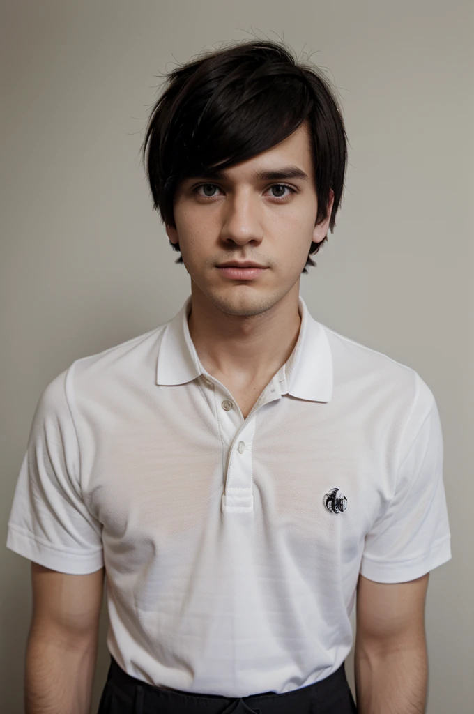 Make a 30 years old Mormon man with Emo hairstyle wearing white polo and necktie