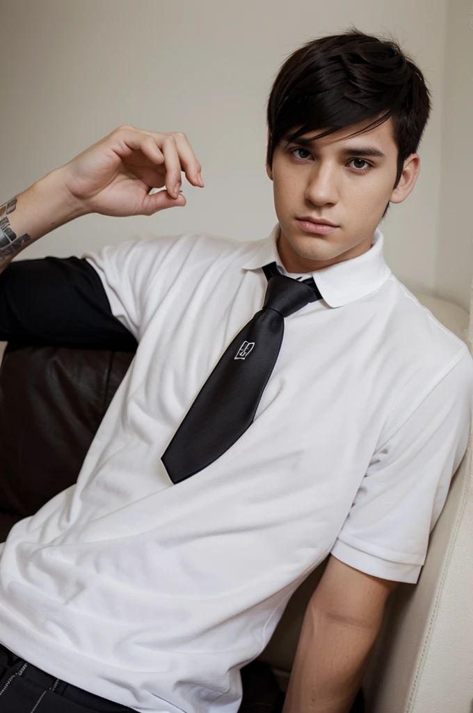Make a 30 years old Mormon man with Emo hairstyle wearing white polo and necktie