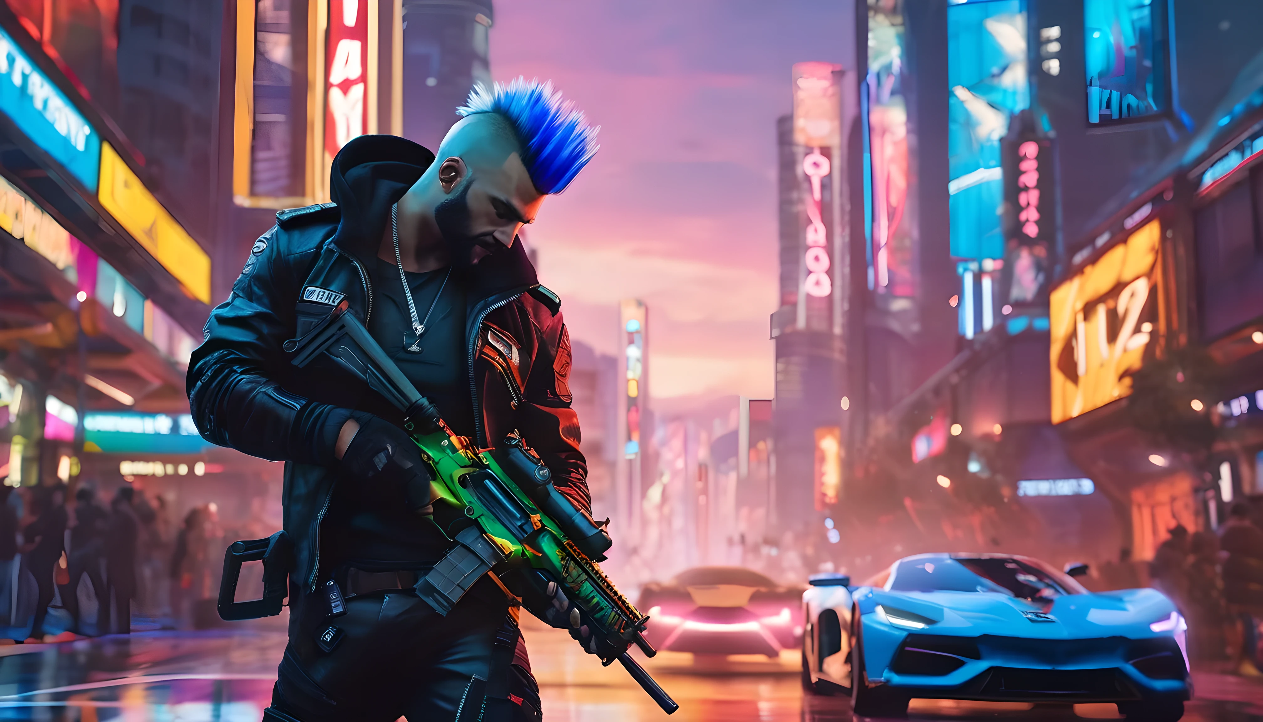 arafed man with a blue mohawk holding a gun in a city, cyberpunk 2077 (vivid colors:1.2, photo realistic:1.6, award winning:1.8), (best quality:1.5), (distopean photo realism:1.5),highres, 8K, UHD, (masterpiece:1.5), 8k UHD,chiaroscuro, cinematic lighting, ray tracing