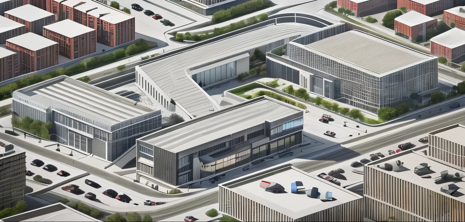Modern commercial street,There are cars nearby,Aerial View,Building with stairs