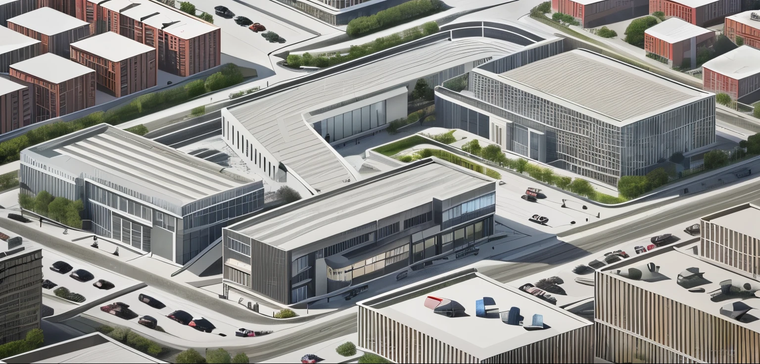 Modern commercial street，There are cars nearby，Aerial View，Building with stairs