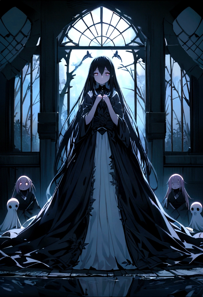 Japanese Yokai「Birds of Capture(Ubume)」Please draw。Birds of Captureは、A female ghost that appears at night、Are you holding a baby?、The character is seen searching for his lost .。She has a pale and sad face、Wearing white funeral clothes。hair is long and messy。In the background is a dark and eerie forest、Set an old abandoned shrine。Create an overall sad and mysterious atmosphere.。