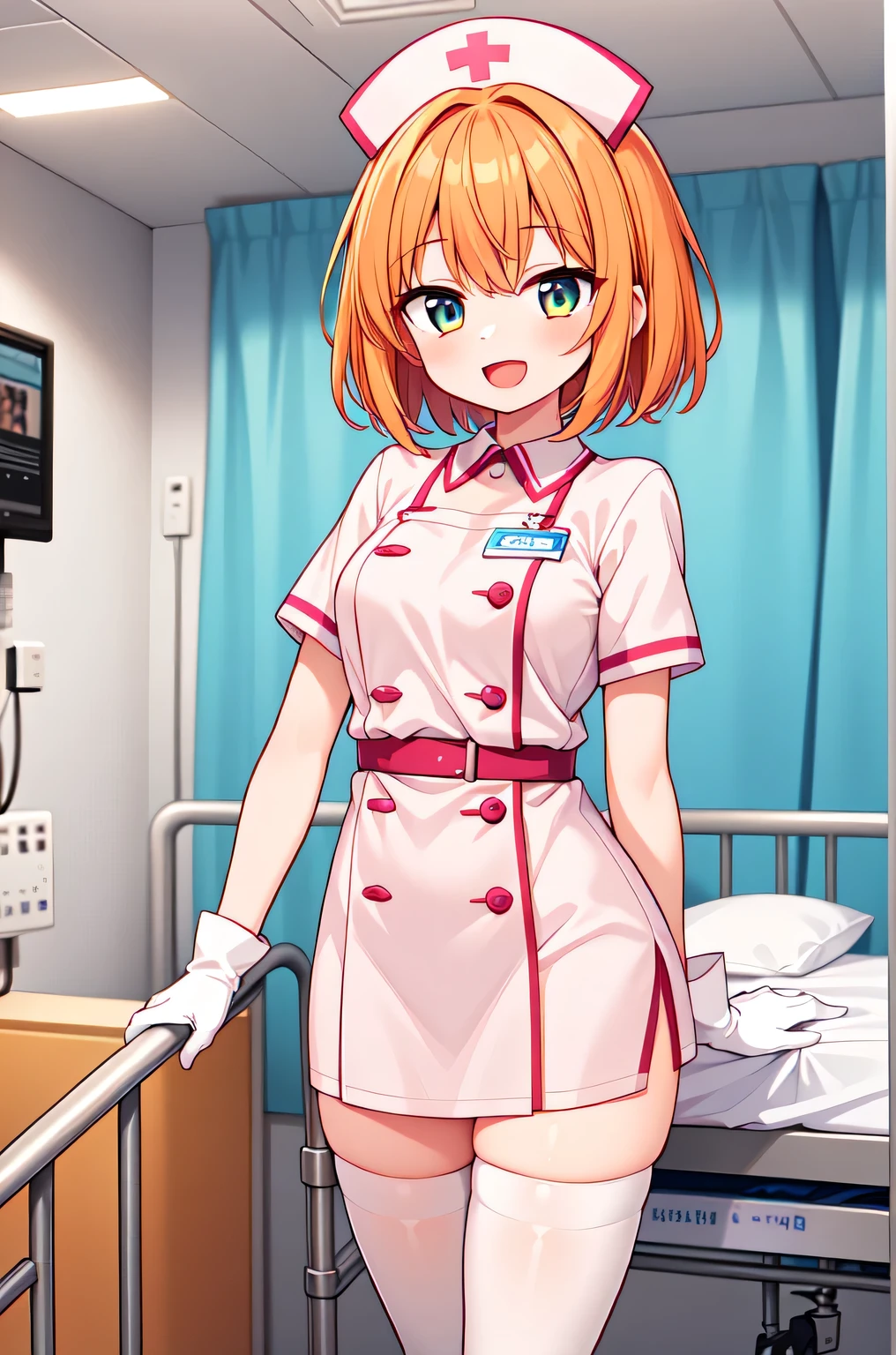 1girl, solo, nurse, nurse cap, white nurse uniform, ((white legwear, zettai ryouiki)), white gloves, very short hair, orange hair, smile, open mouth, standing, ((hospital room)), sharp outline, short sleeves, tomboy, boyish, best quality, masterpiece