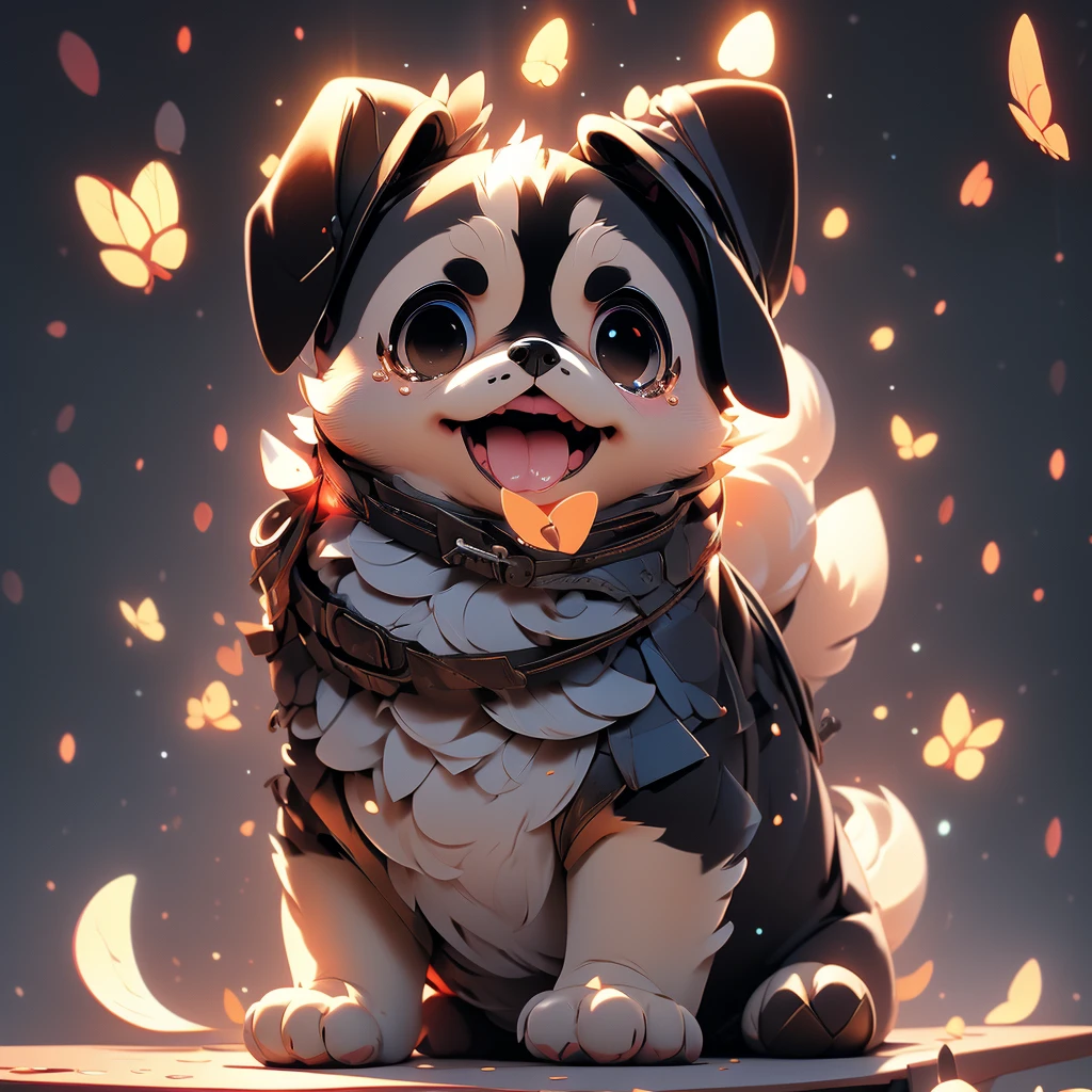 In the city、1 Pug puppy、（（（Round black fur on forehead:1.3）））、（（（Tears:3.0）））