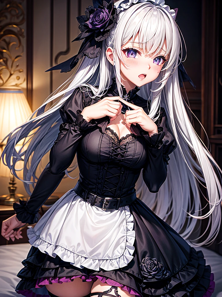 Highest quality,Highest Resolution,Sexy black gothic lolita opens her mouth and drools while shedding tears,Bedroom,Big purple eyes,whole body,Small breasts,