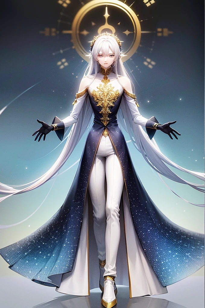 The emergence of an anime boy is a sight that captivates the senses. As he materializes, his ethereal form takes shape, revealing a figure of delicate beauty. His slender physique, so graceful and refined, seems to radiate an otherworldly presence. It is as if he exists in a realm beyond our own, a realm where elegance and enchantment intertwine. Flowing down to his waist, his long hair cascades like a waterfall of moonlight, shimmering in a pristine shade of white. Each strand seems to possess a life of its own, dancing and swaying with ethereal grace. Standing tall, he surpasses the height of an ordinary human by threefold, effortlessly towering over even the mightiest of Giants. His stature commands attention, drawing all eyes towards him. What truly sets him apart are his six arms, a testament to his extraordinary nature. Each limb is an extension of his being, granting him a sense of power and versatility that is unmatched. His additional pair of eyes, glistening with an otherworldly glow, bestows upon him a perception of the world that is beyond comprehension. With this heightened awareness, he sees the intricacies and beauty that elude ordinary mortals. Adorned in a resplendent golden robe, he exudes an aura of regality. The fabric drapes elegantly around his form, its sleeves intricately sewn with a mesmerizing blue hue. The combination of gold and blue creates a visual symphony, a harmonious blend of colors that captivates the eye. One set of his arms is adorned with elegant gloves, adding a touch of sophistication to his ensemble. Every detail of his attire is carefully chosen, perfectly complementing his enigmatic appearance. Completing his ensemble, he wears a striking combination of red and black pants. The contrasting colors create a sense of intrigue, mirroring the enigma that surrounds him. And as he strides forward, his feet are adorned with snow boots that boast a captivating blend of black, yellow, and blue. These whimsical boots serve as humor