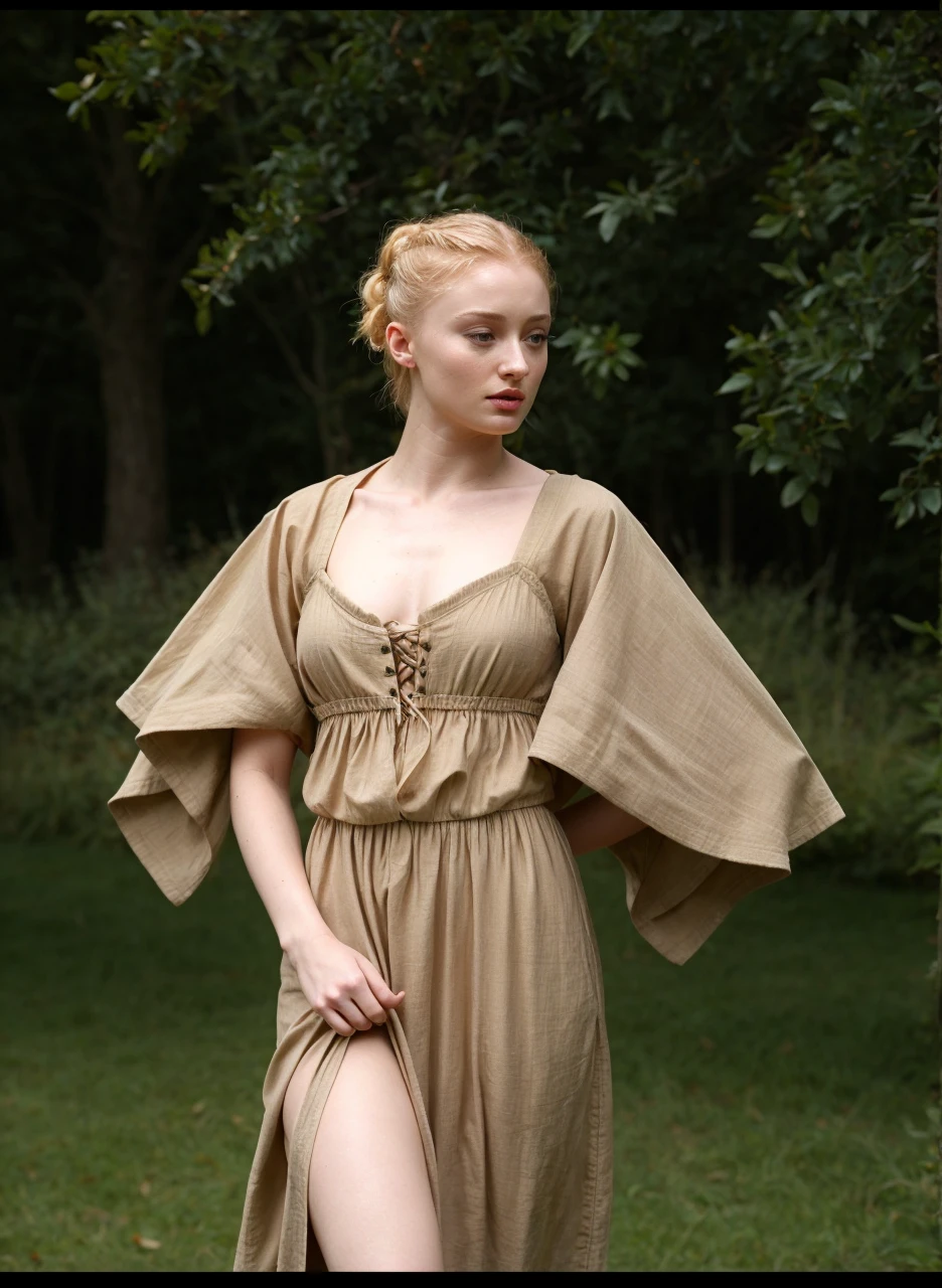 Sophie turner, blonde uptied ponytail, she wears a medieval peasant dress, high quality, solo, nsfw