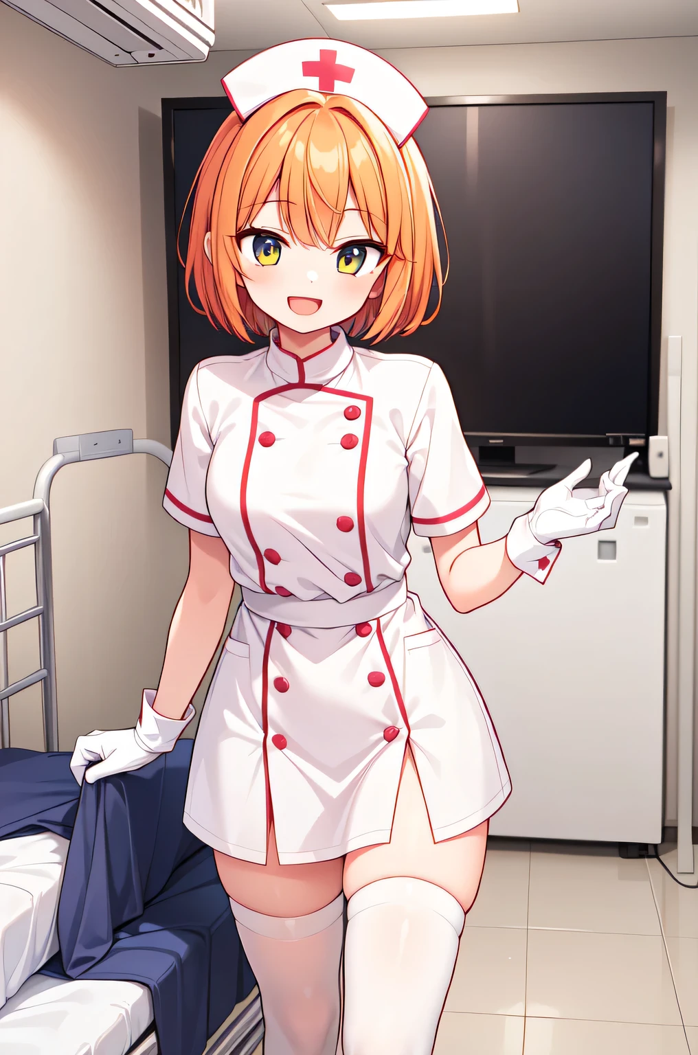 1girl, solo, nurse, nurse cap, white nurse uniform, ((white legwear, zettai ryouiki)), white gloves, very short hair, orange hair, smile, open mouth, standing, ((hospital room)), sharp outline, short sleeves, tomboy, boyish, best quality, masterpiece
