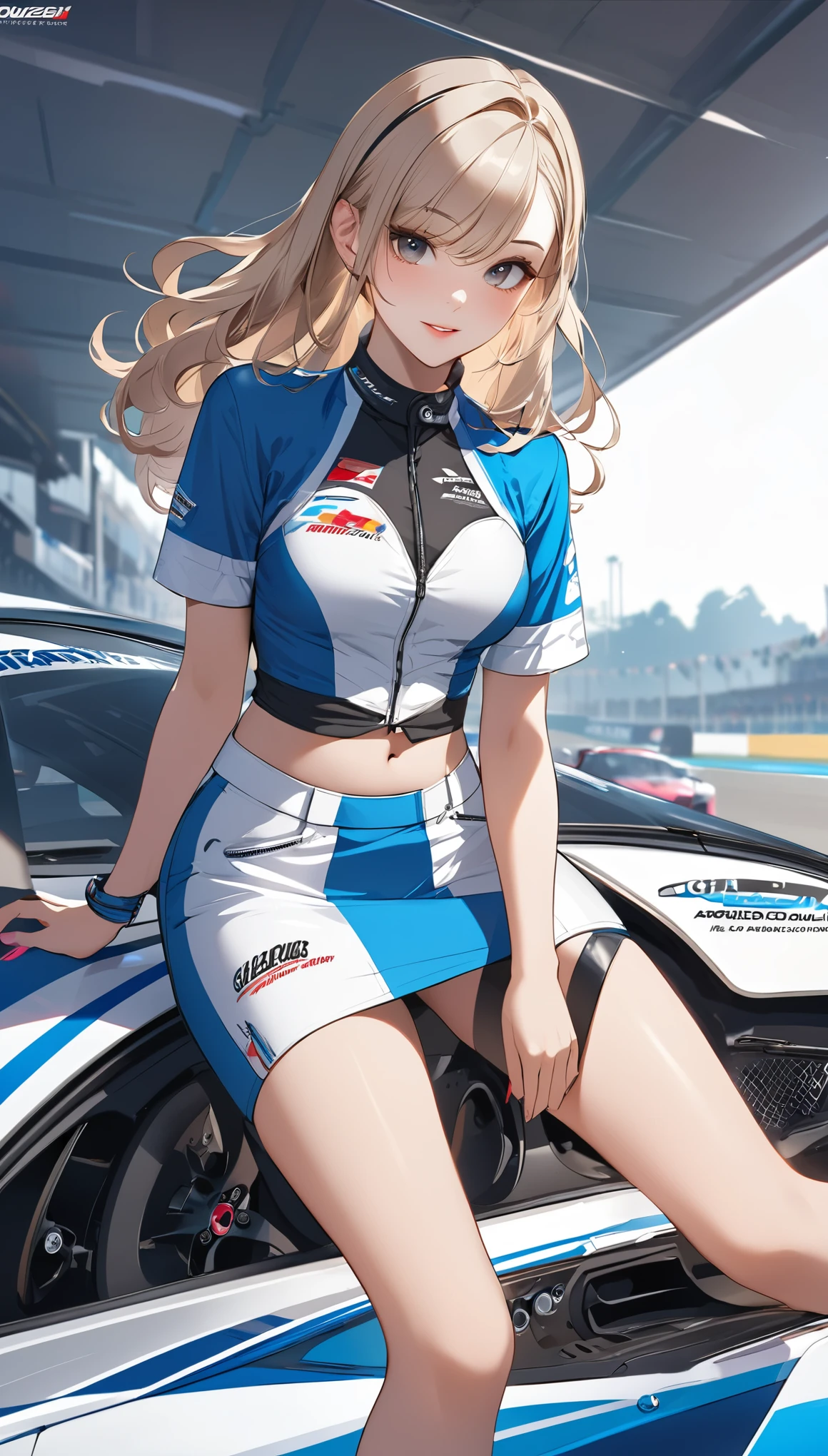 (masterpiece:1.3, top-quality, ultra high res, ultra detailed), (realistic, photorealistic:1.4), beautiful illustration, perfect lighting, natural lighting, colorful, depth of fields, surrealism,
beautiful detailed hair, beautiful detailed face, beautiful detailed eyes, beautiful clavicle, beautiful body, beautiful chest, beautiful thigh, beautiful legs, beautiful fingers, shiny skin, face,
looking at viewer, 1 girl, mature woman, racer, (perfect anatomy, anatomically correct, super detailed skin), cute and symmetrical face, perfect face, perfect eyes, perfect fingers,
(long hair, straight hair, platinum blonde hair), parted bangs, chestnut brown eyes, big eyes, long eyelashes, (large breasts:0.9, seductive thighs), , outstanding style,
(detailed cloth texture, long sleeve, glossy enameled fabric, uniform with logo, participate in a motorsport race), thighs,
(beautiful scenery), summer, evening, (circuit), racing car, ride in a car, , (lovely smile, upper eyes, parted lips),