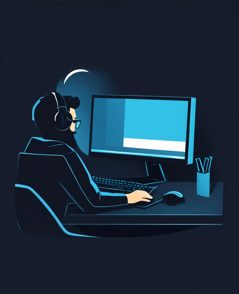 Gamer playing on the desktop PC illustration simple flat design