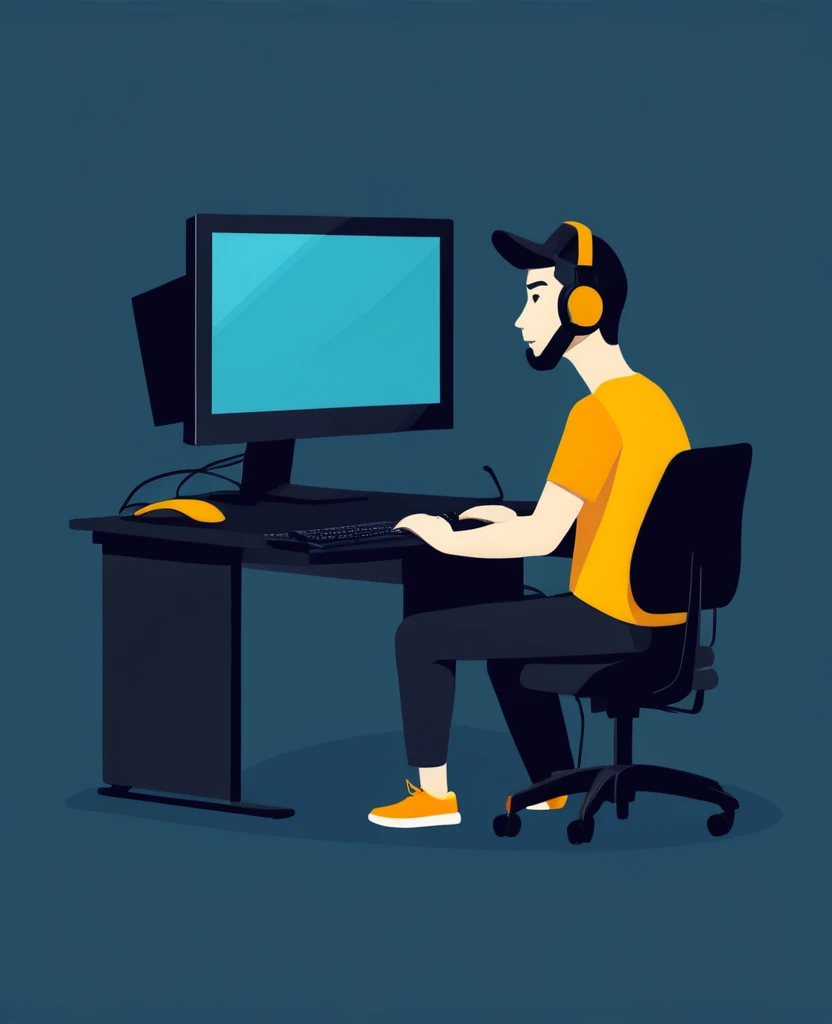 Gamer playing on the desktop PC illustration simple flat design
