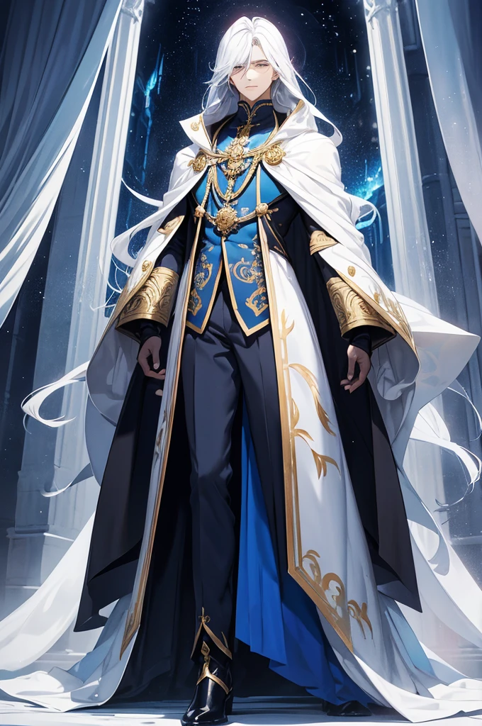 The emergence of an anime boy is a sight that captivates the senses. As he materializes, his ethereal form takes shape, revealing a figure of delicate beauty. His slender physique, so graceful and refined, seems to radiate an otherworldly presence. It is as if he exists in a realm beyond our own, a realm where elegance and enchantment intertwine. Flowing down to his waist, his long hair cascades like a waterfall of moonlight, shimmering in a pristine shade of white. Each strand seems to possess a life of its own, dancing and swaying with ethereal grace. Standing tall, he surpasses the height of an ordinary human by threefold, effortlessly towering over even the mightiest of Giants. His stature commands attention, drawing all eyes towards him. What truly sets him apart are his six arms, a testament to his extraordinary nature. Each limb is an extension of his being, granting him a sense of power and versatility that is unmatched. His additional pair of eyes, glistening with an otherworldly glow, bestows upon him a perception of the world that is beyond comprehension. With this heightened awareness, he sees the intricacies and beauty that elude ordinary mortals. Adorned in a resplendent golden robe, he exudes an aura of regality. The fabric drapes elegantly around his form, its sleeves intricately sewn with a mesmerizing blue hue. The combination of gold and blue creates a visual symphony, a harmonious blend of colors that captivates the eye. One set of his arms is adorned with elegant gloves, adding a touch of sophistication to his ensemble. Every detail of his attire is carefully chosen, perfectly complementing his enigmatic appearance. Completing his ensemble, he wears a striking combination of red and black pants. The contrasting colors create a sense of intrigue, mirroring the enigma that surrounds him. And as he strides forward, his feet are adorned with snow boots that boast a captivating blend of black, yellow, and blue. These whimsical boots serve as a testam