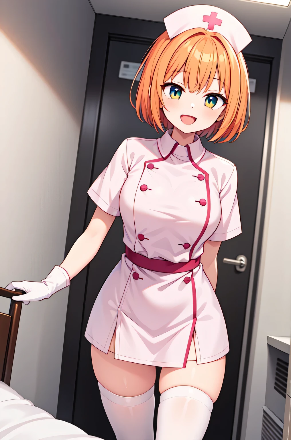 1girl, solo, nurse, nurse cap, white nurse uniform, ((white legwear, zettai ryouiki)), white gloves, very short hair, orange hair, smile, open mouth, standing, ((hospital room)), sharp outline, short sleeves, tomboy, boyish, best quality, masterpiece