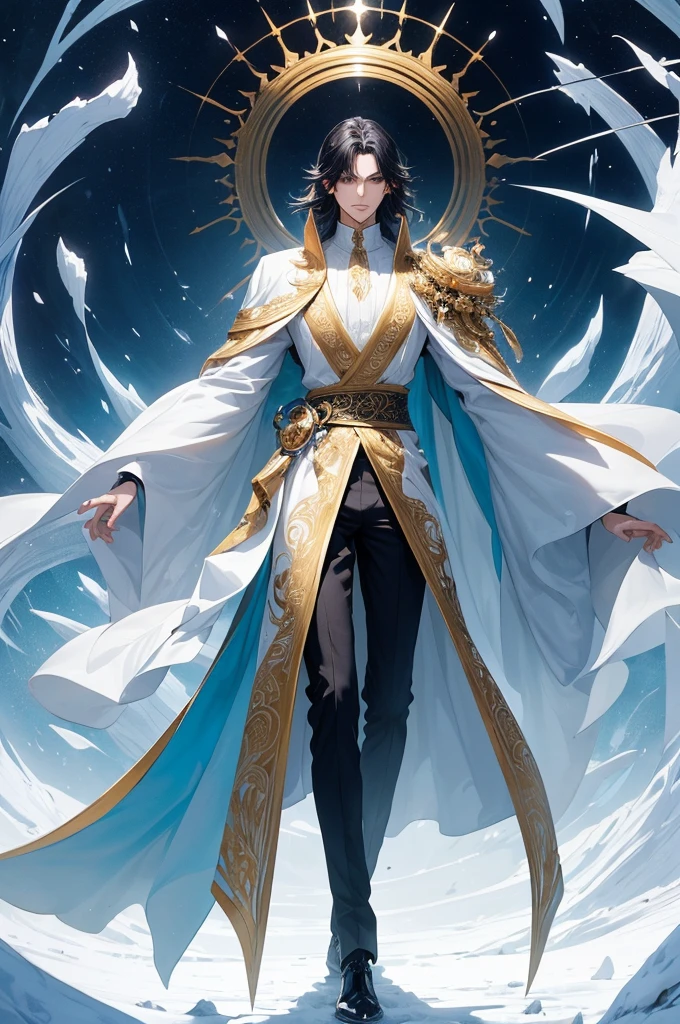 The emergence of an anime boy is a sight that captivates the senses. As he materializes, his ethereal form takes shape, revealing a figure of delicate beauty. His slender physique, so graceful and refined, seems to radiate an otherworldly presence. It is as if he exists in a realm beyond our own, a realm where elegance and enchantment intertwine. Flowing down to his waist, his long hair cascades like a waterfall of moonlight, shimmering in a pristine shade of white. Each strand seems to possess a life of its own, dancing and swaying with ethereal grace. Standing tall, he surpasses the height of an ordinary human by threefold, effortlessly towering over even the mightiest of Giants. His stature commands attention, drawing all eyes towards him. What truly sets him apart are his six arms, a testament to his extraordinary nature. Each limb is an extension of his being, granting him a sense of power and versatility that is unmatched. His additional pair of eyes, glistening with an otherworldly glow, bestows upon him a perception of the world that is beyond comprehension. With this heightened awareness, he sees the intricacies and beauty that elude ordinary mortals. Adorned in a resplendent golden robe, he exudes an aura of regality. The fabric drapes elegantly around his form, its sleeves intricately sewn with a mesmerizing blue hue. The combination of gold and blue creates a visual symphony, a harmonious blend of colors that captivates the eye. One set of his arms is adorned with elegant gloves, adding a touch of sophistication to his ensemble. Every detail of his attire is carefully chosen, perfectly complementing his enigmatic appearance. Completing his ensemble, he wears a striking combination of red and black pants. The contrasting colors create a sense of intrigue, mirroring the enigma that surrounds him. And as he strides forward, his feet are adorned with snow boots that boast a captivating blend of black, yellow, and blue. These whimsical boots serve as a testam