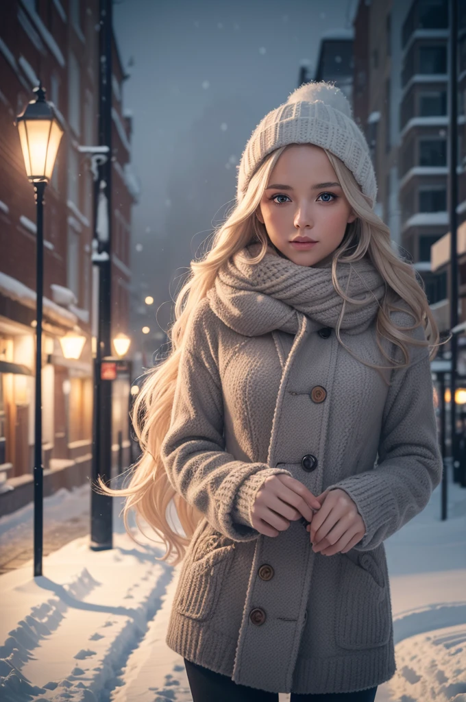 professional photography of a beautiful norwegian girl in winter clothes with long wavy blonde hair, sensual and seductive look, beautiful symmetrical face, beautiful natural makeup, wearing chic warm winter fashion clothing, ((standing outside on the snowy city street)), impressive modern urban environment, ultra realistic, conceptual artwork, chic, highy detailed, intricate, sharp focus, Depth of field, f/1. 8, 85 mm, medium shot, mid shot, (((professional color grading))), soft and bright diffused light, (Volumetric fog), Trends on Instagram, HD 4k, 8K