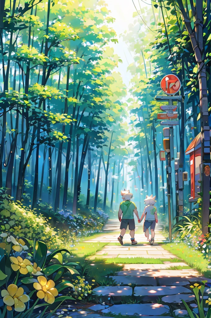 White Wolf男孩,youth,shorts,Short sleeve,sandals,nearl,Waiting,Red bus stop sign,Stone steps,Grass,spring,Lush green jungle,In the shade,Umbrella,rain,Flowers,Grass,Banana tree,Convenience store,mist,Soft Light,early morning,White Wolf,离得nearl,full-body shot,Facing the camera,Character photos