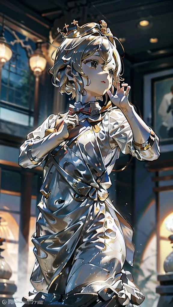 一个男孩的黄金statue旁边停着一只燕子。王子的黄金statue，Prince style，Prince costume，Court dress，黄金statue，男孩的黄金statue，带着黄金冠冕的黄金statue，脚边停着一只燕子的黄金statue，男孩statue，statue，Cute boy，British style，Victorian style，crown，crown