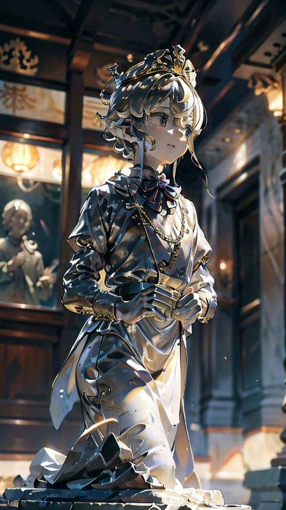 一个男孩的黄金statue旁边停着一只燕子。王子的黄金statue，Prince style，Prince costume，Court dress，黄金statue，男孩的黄金statue，带着黄金冠冕的黄金statue，脚边停着一只燕子的黄金statue，男孩statue，statue，Cute boy，British style，Victorian style，crown，crown