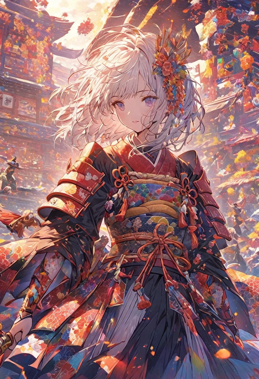 A vibrant and colorful illustration of an anime-style female samurai character with white hair, holding her sword in front of her face. She is wearing traditional Japanese adorned with floral patterns, a backdrop filled with colorful patterns representing ancient symbols and floral motifs. The background is richly detailed with geometric shapes that add depth to their figure's presence., creating a whimsical atmosphere. The background features bold colors and intricate designs that add to the overall visual appeal. This artwork showcases vivid hues, intricate details on both attire and armor, capturing movement as she walks forward in the style of intricate details on both attire and armor, capturing movement as she walks forward.