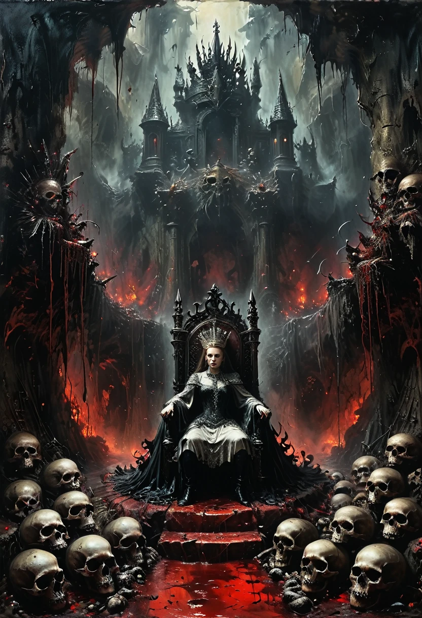 Cave,Underground Kingdom,Gothic style,A painting,(((throne:1.37)))On a pile of skulls, Disturbing, crawl, gloomy, rotten, Blood rushes like a river,