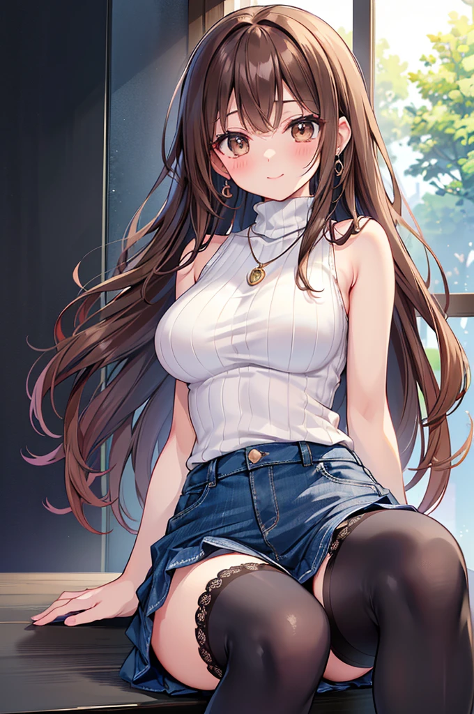(Tabletop, Highest quality, High resolution, , Pixel perfect, 4K,), 1 girl, single, alone, Beautiful woman、I could see the whole body、 ((Wavy mid-length hair, bangs, Brown Hair)), ((Brown eyes, Beautiful eyelashes, Realistic eyes)), ((Detailed face, blush:1.2)), ((Smooth texture:0.75, Realistic texture:0.65, Realistic:1.1, Anime CG Style)), Medium chest, Dynamic Angle, Perfect body, ((, female teacher, , Earrings、necklace、Sleeveless turtleneck sweater、、Black knee-high stockings、((Spread your legs wide、Open both knees))、Tight denim skirt、A shy smile、Sitting at the pulpit、Accentuate your breasts)), Superior、、、evening、、(You can see her blue and white lace panties.、、(、)、Angle from below)、