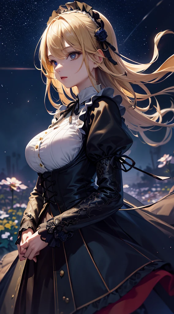 masterpiece, high quality, 4K, Beautiful design, silhouette,blonde, 非常に詳細な夜のStarry Sky,Flower Field, wonderful, Finer details, Very knowledgeable woman, Highly detailed solo, 1 female,Big Breasts,Gothic ta Fashion,Night view,Starry Sky,