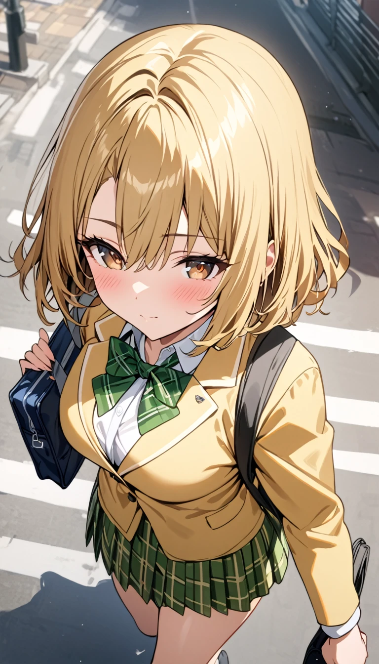 masterpiece, best quality, highres, 1girl, solo, blonde medium hair, brown eyes, , green bowtie, blazer, yellow jacket, long sleeves, plaid skirt, green skirt, walking on street,holding a school bag ,from above